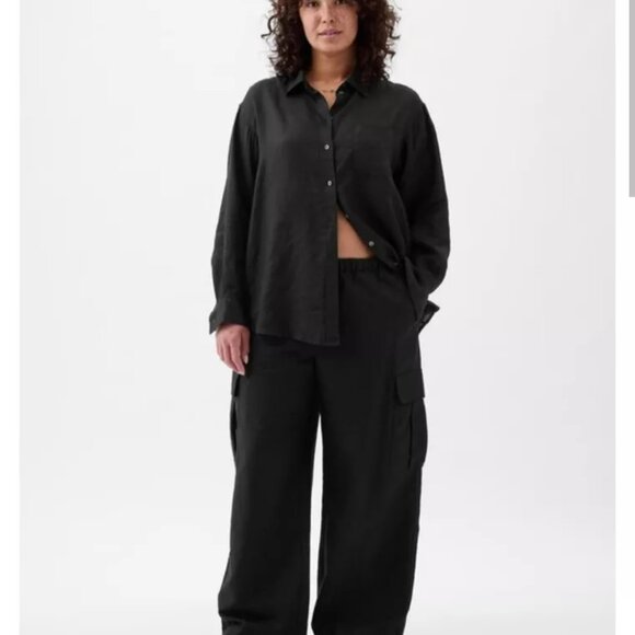 Mid Rise Linen-Cotton Pull-On Cargo Pants (black) NWT - Picture 3 of 8